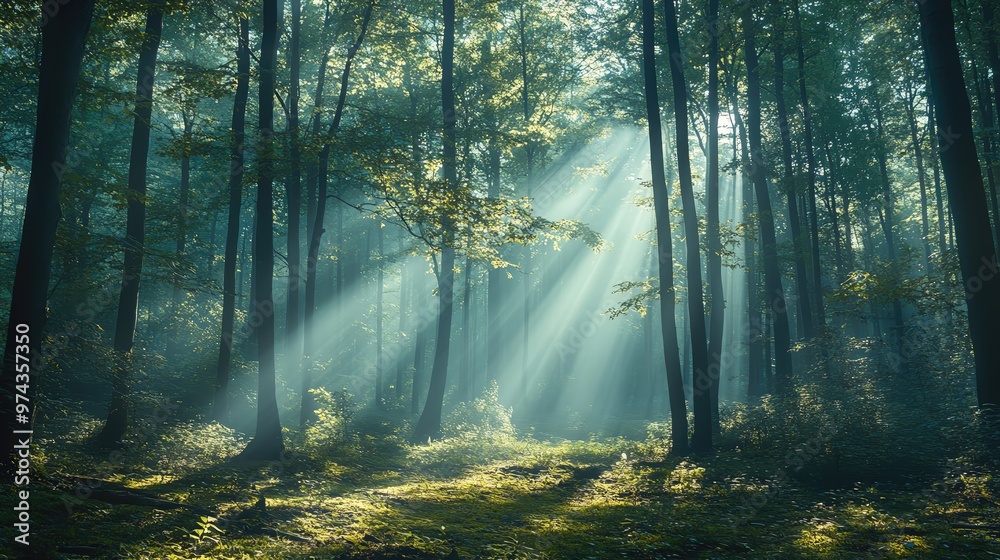 Fototapeta premium A serene forest scene illuminated by soft rays of sunlight filtering through the trees, showcasing nature's tranquility and beauty.