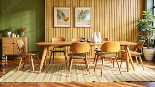 Wooden dining table and chairs against green wall. Scandinavian, mid-century home interior design of modern dining room. 