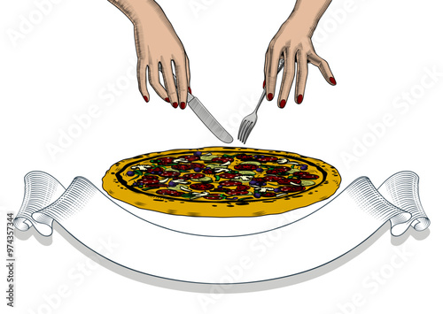 Large round pizza cut into pieces and female hands with cutlery. Antique engraving, stylized linear drawing. Vector illustration
