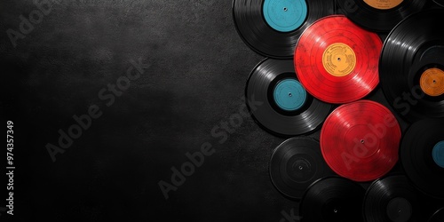 Colorful Vinyl Records Arranged Creatively on a Dark Background for a Retro Music Vibe