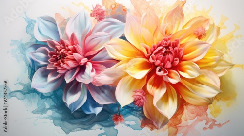 A vibrant and colorful abstract floral design featuring two flowers with delicate petals and soft, flowing colors.