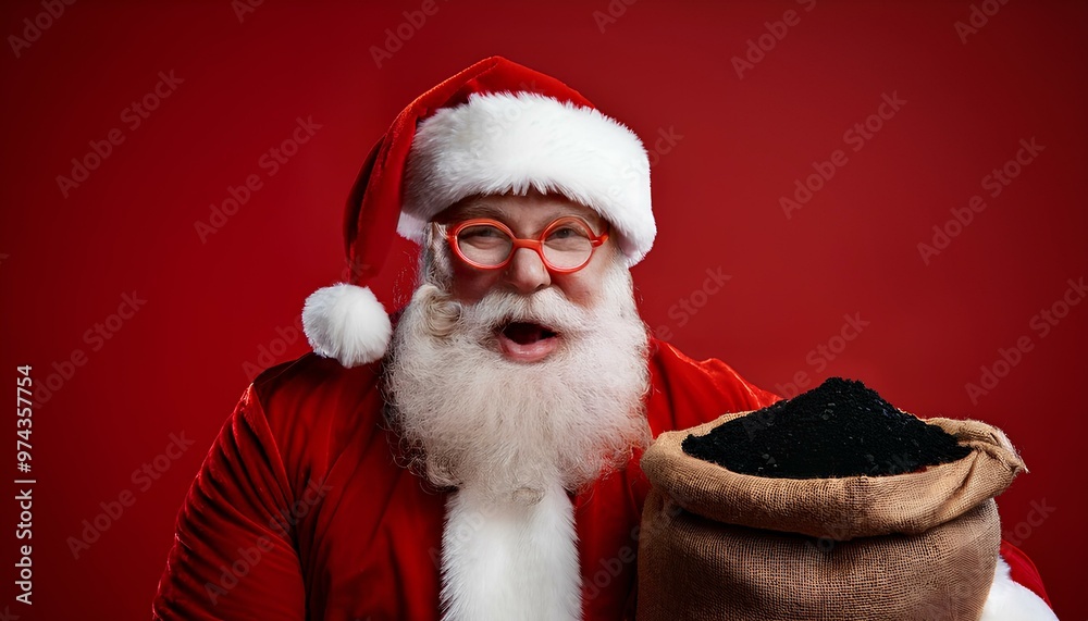 santa claus with red glasses and sack of coal smiling on red background santa claus with red glasses and sack of coal smiling on red background