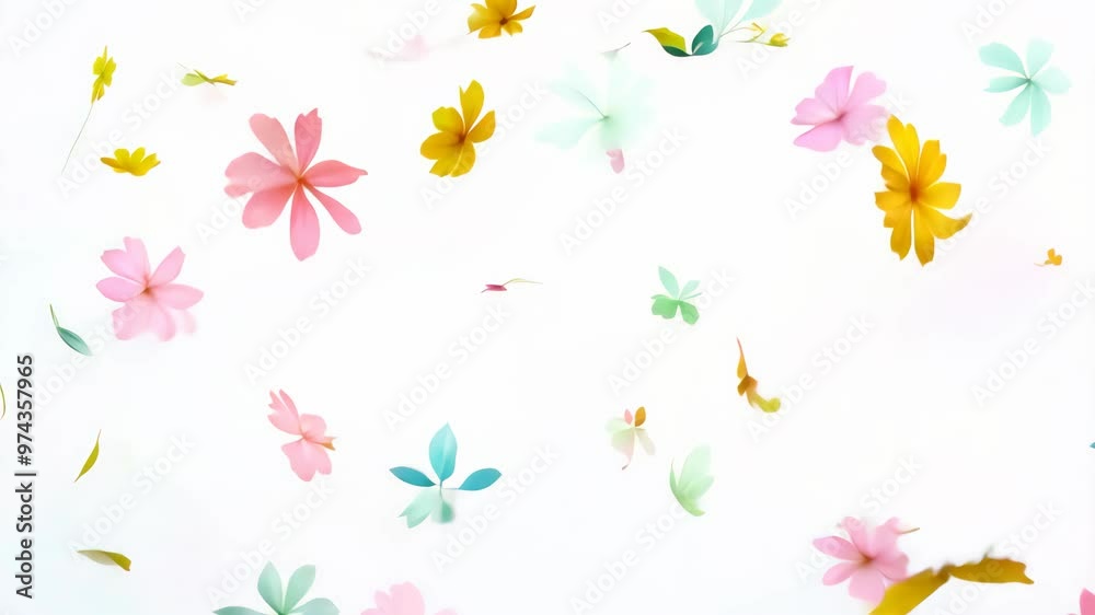 Tiny rainbow-colored flower petals sprinkling down on white background Tiny rainbow-colored flower petals sprinkling down on white background