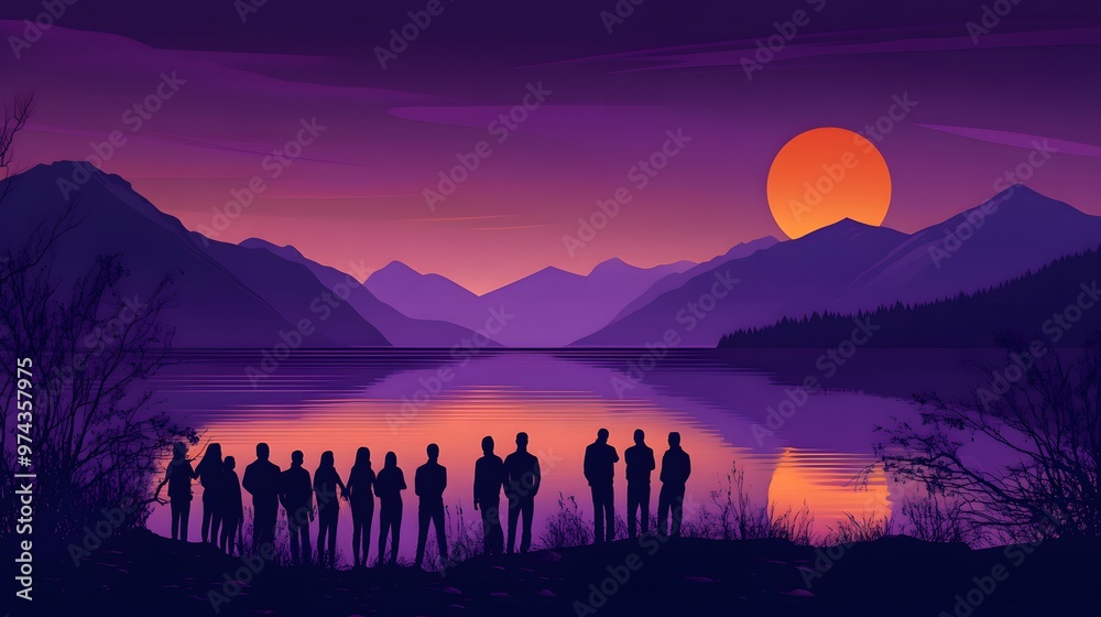 A group of people stand by the lake, watching an orange moon in the purple sky over mountains, in a simple illustration style with flat composition A group of people stand by the lake, watching an orange moon in the purple sky over mountains, in a simple illustration style with flat composition