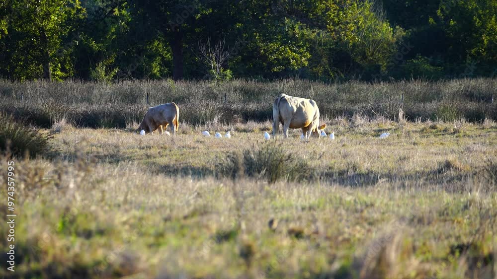 Cattle eating grass with white birds next to it at Circeo National Park, Italy	