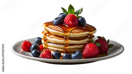 PNG breakfast Dessert pancakes with sberries in a plate isolated. Food Png, cut out.