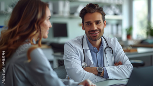 Doctor is smiling while listening to a patient in his medical office