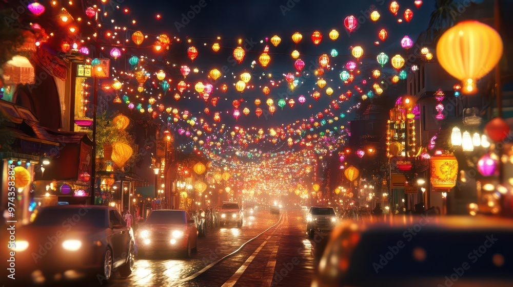 Colorful Diwali garlands and lanterns on a busy street, 3D illustration Colorful Diwali garlands and lanterns on a busy street, 3D illustration