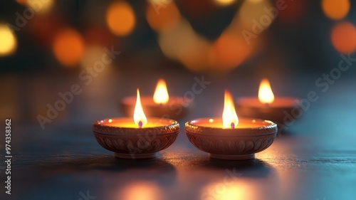 Closeup of diya lamp with soft glowing flame, 3D illustration