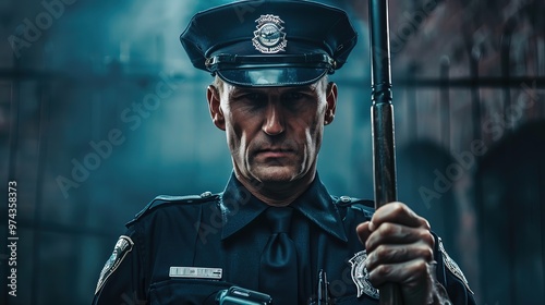 Police officer in uniform standing firmly with determined expression, holding law enforcement baton and badge, symbolizing authoritative presence and enforcement action. photo