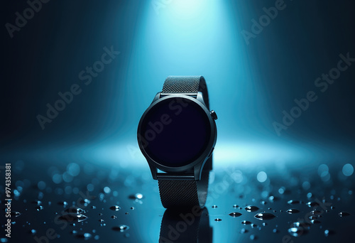 Minimalistic black watch under a spotlight with water droplets on a dark surface photo