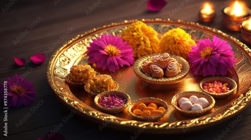 Decorated Diwali thali with flowers and sweets, 3D illustration Decorated Diwali thali with flowers and sweets, 3D illustration