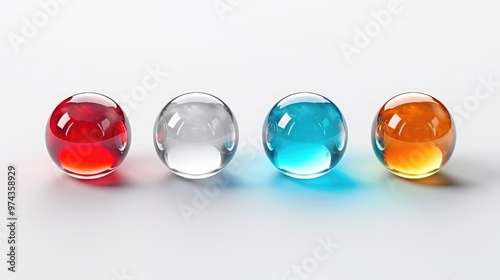 Four glass spheres, each filled with a different colored liquid, sit in a row on a white surface.