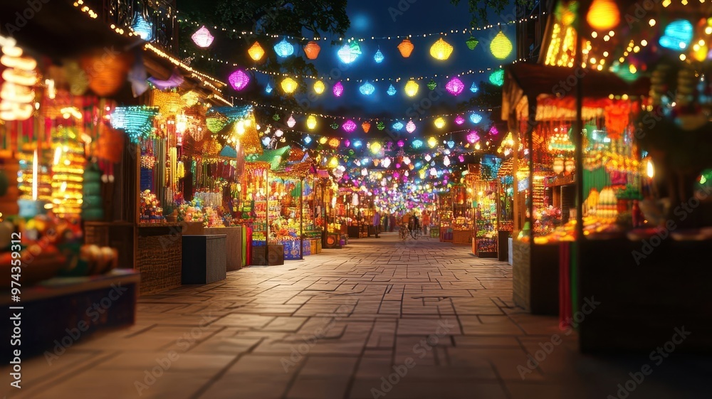 Fototapeta premium Diwali festival market with colorful lights and stalls, 3D illustration