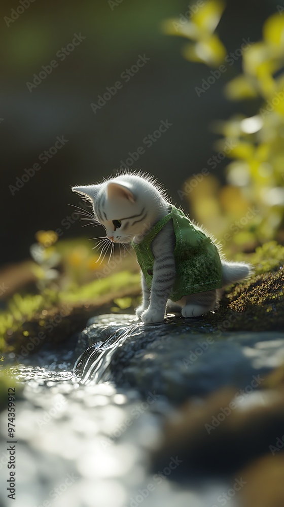 Obraz premium A small white kitten wearing a green vest sits on a mossy rock by a small waterfall.