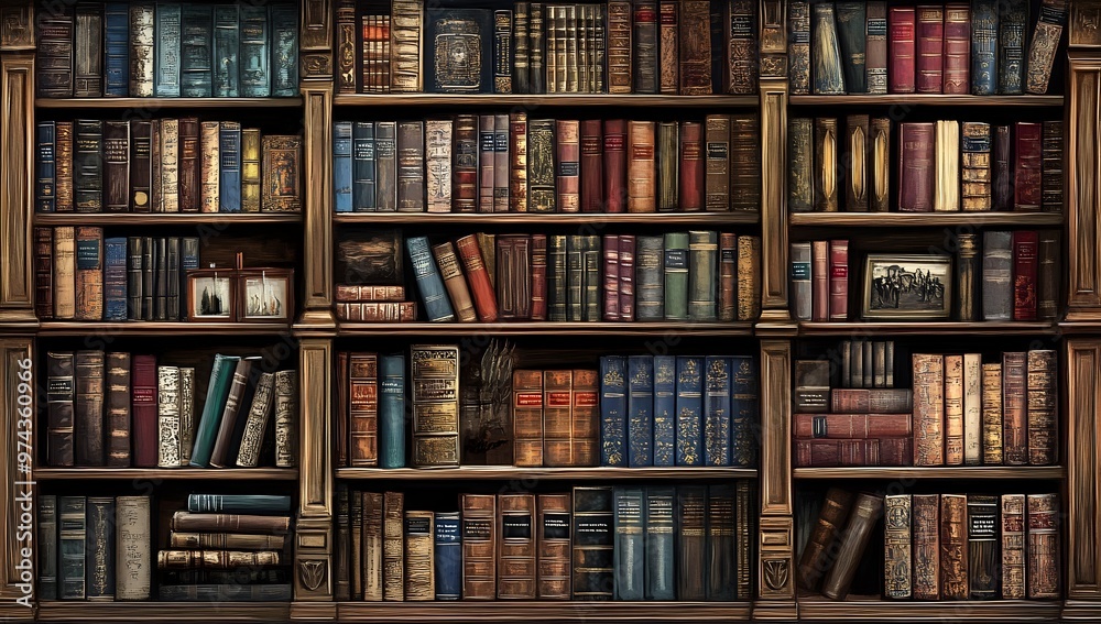 A bookshelf filled with antique books and leather-bound volumes. A bookshelf filled with antique books and leather-bound volumes.