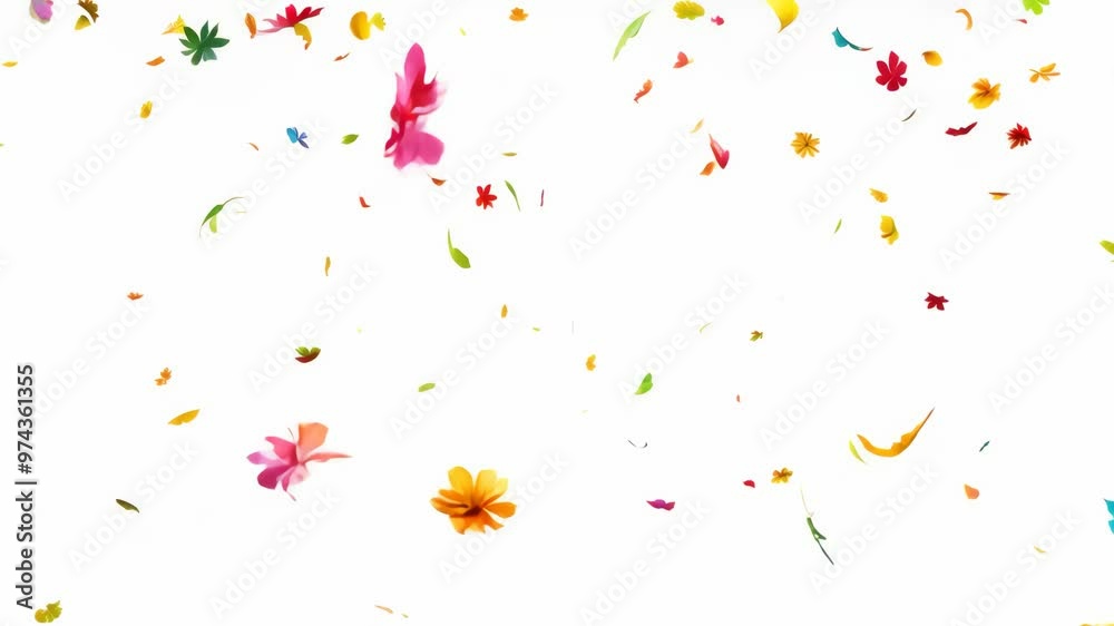Colorful confetti-like flower petals falling rapidly on white background Colorful confetti-like flower petals falling rapidly on white background