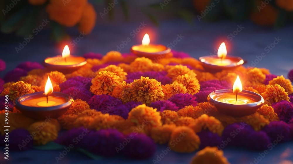 Rangoli with marigold flowers and diya lamps, festive colors, 3D illustration Rangoli with marigold flowers and diya lamps, festive colors, 3D illustration