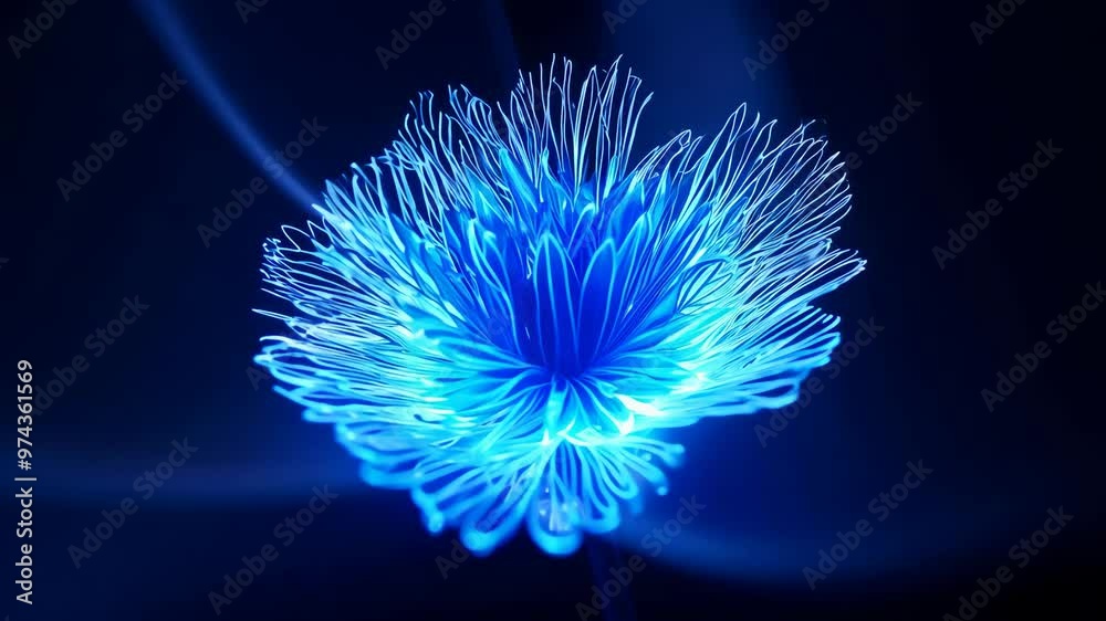 Blue abstract flower ripple pattern with glowing petals on black background