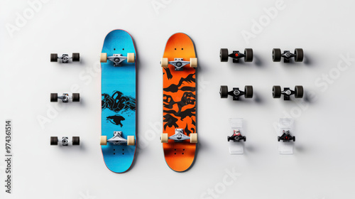 Vibrant skateboard designs featuring bright colors and unique artwork, surrounded by skateboard trucks and wheels for sport enthusiasts. photo