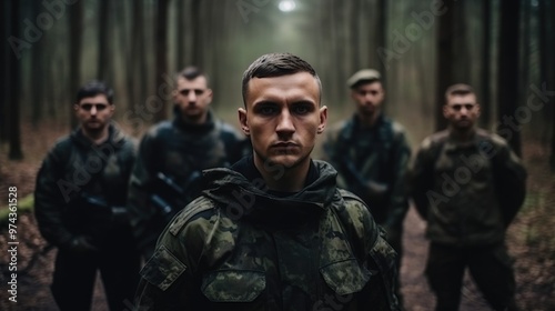 A young soldier stands in a forest, his face serious and determined. He is surrounded by other soldiers, all of them ready for action.
