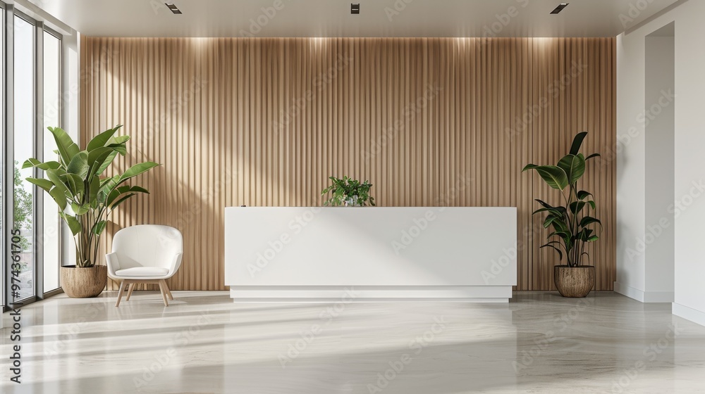 Fototapeta premium Modern Reception Area Featuring Wooden Accents and Greenery in a Bright Workspace