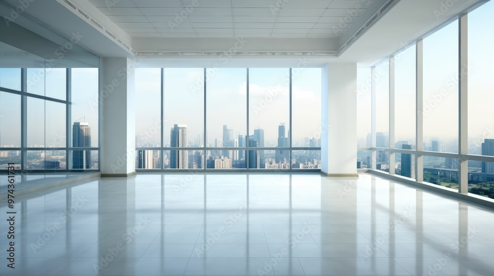 Fototapeta premium A modern office space with large windows overlooking a city skyline. The room is empty, creating a sense of spaciousness and possibility.
