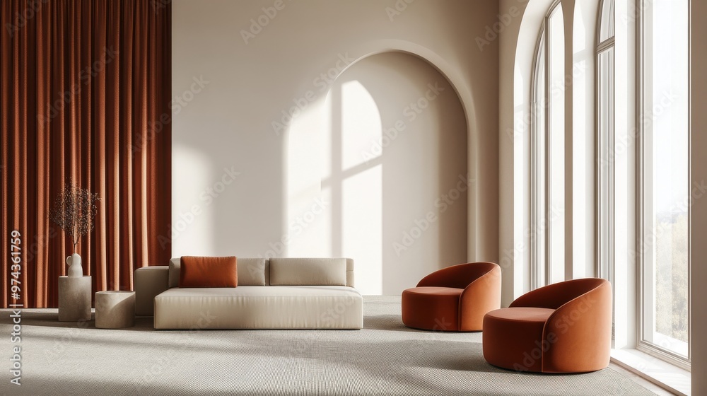 Fototapeta premium Minimalist Living Room with Sofa and Terra Cotta Armchairs | Modern Interior Design with Arch Windows -- 16:9