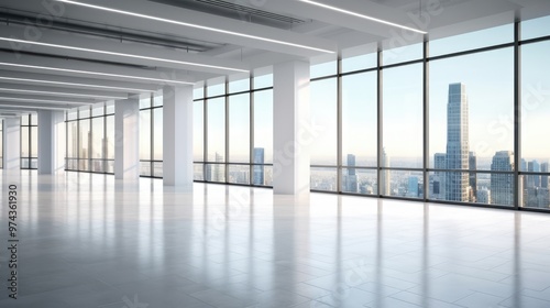 A modern office space with large windows overlooking a city skyline. The room is bright and airy, with a sleek and minimalist design.