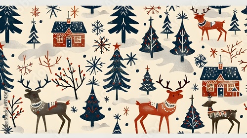Christmas Pattern with Reindeer and Snowflakes, Scandinavian Christmas Tradition, Cozy Christmas Pattern	