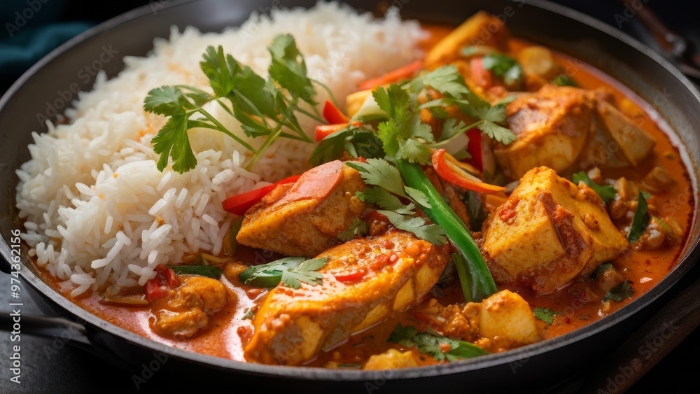 The national cuisine of India. Curry fish with rice. The national cuisine of India. Curry fish with rice.