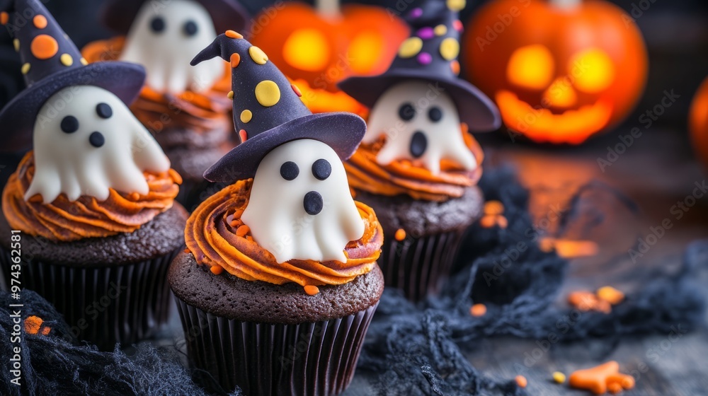 Obraz premium Spooky 3D Halloween Cupcakes: Ghost & Witch Hat Delights
