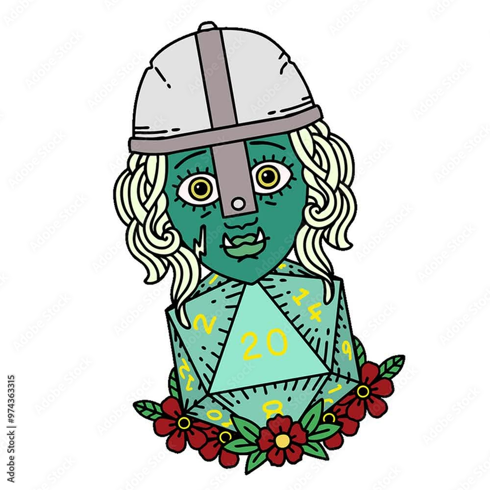 Retro Tattoo Style half orc fighter character with natural twenty dice roll Retro Tattoo Style half orc fighter character with natural twenty dice roll