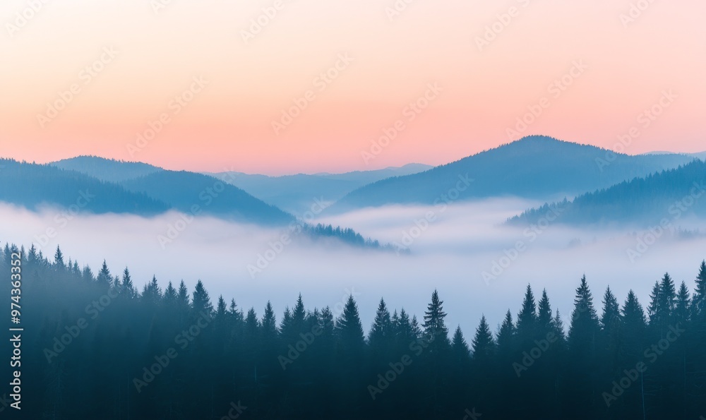 Early Morning Mist Blankets the Forested Mountains at Dawn in a Tranquil Landscape Early Morning Mist Blankets the Forested Mountains at Dawn in a Tranquil Landscape