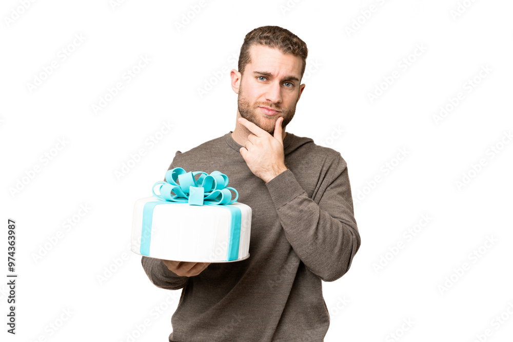 Young handsome blonde man holding birthday cake over isolated chroma key background thinking Young handsome blonde man holding birthday cake over isolated chroma key background thinking