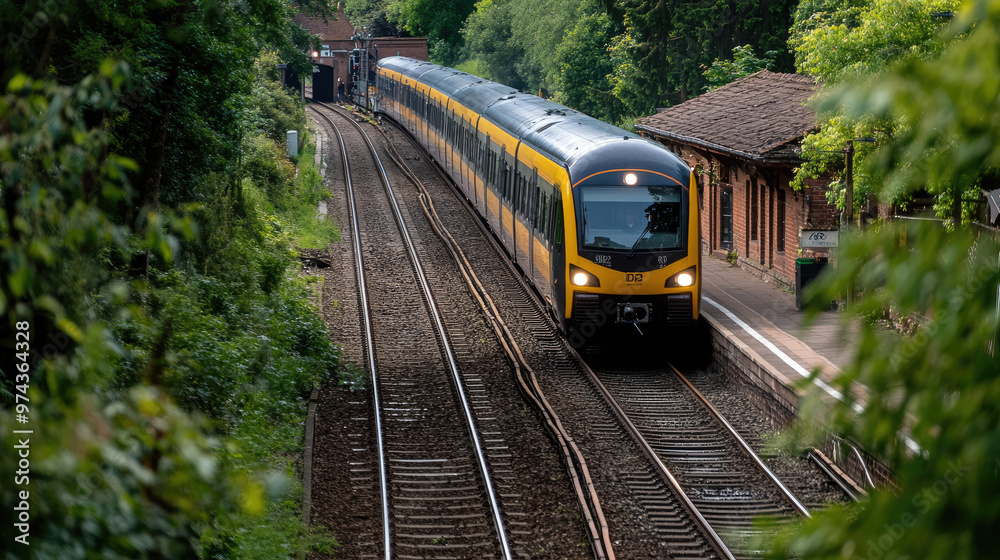 Naklejka premium A train is arriving at small rural station, surrounded by lush greenery and peaceful atmosphere. scene captures charm of countryside travel