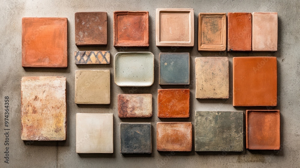 Fototapeta premium A flat lay of handmade terracotta tiles in earthy colors, arranged in a random pattern on a textured surface
