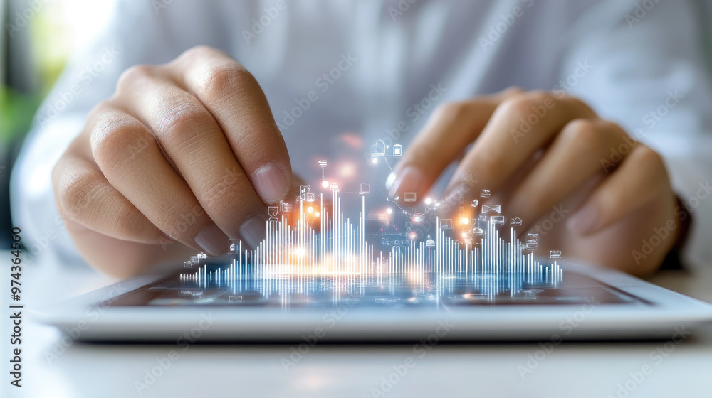 A person is using digital tablet to analyze data, with visual graphs and icons appearing above screen, showcasing modern and tech savvy environment A person is using digital tablet to analyze data, with visual graphs and icons appearing above screen, showcasing modern and tech savvy environment