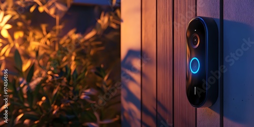 A modern doorbell on a wooden door at dusk.
