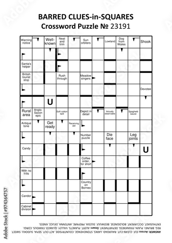 Barred clues-in-squares crossword puzzle game № 23191. Letter U is a hint. Answer included.
