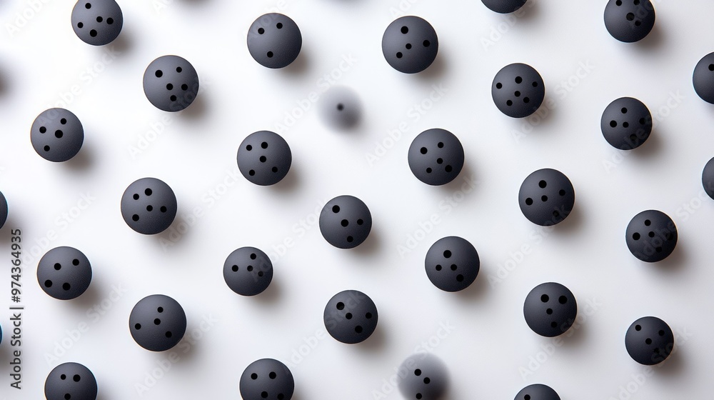 A mesmerizing layout of black spheres evenly spaced across a bright white surface A mesmerizing layout of black spheres evenly spaced across a bright white surface