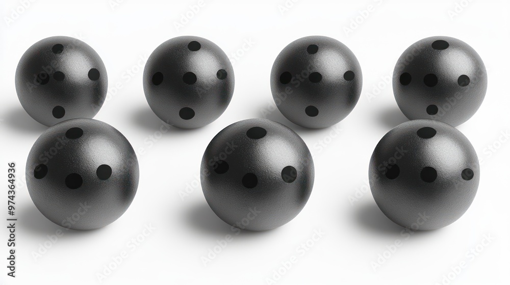 Several black balls with various dot patterns are placed artfully on a light background