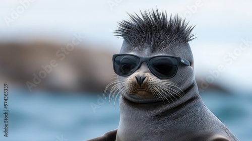 A baby seal with a punk mohawk wearing sunglasses, looking cool and confident by the water - AI Generated Digital Art.
