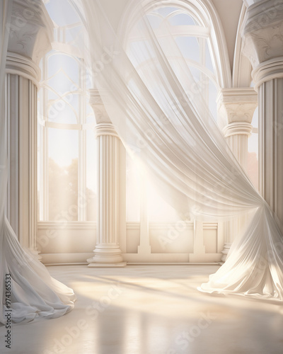 Curtains and windows that let light into the castle, luxurious, dreamy, imaginative. photo