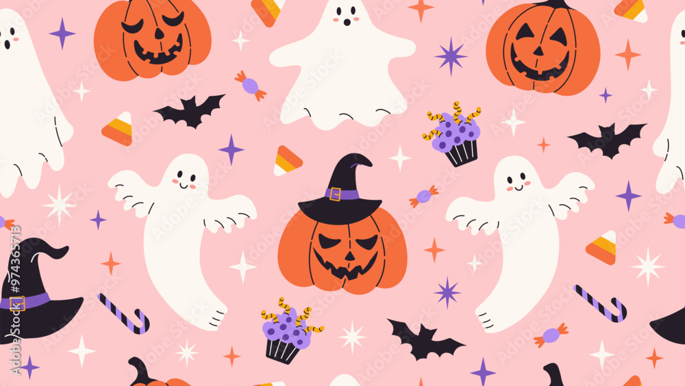 Cute Halloween seamless pattern. Funny ghosts, hats, fun pumpkins, bats, candy and stars. Pink background. Kids print. Vector flat illustration. Cute Halloween seamless pattern. Funny ghosts, hats, fun pumpkins, bats, candy and stars. Pink background. Kids print. Vector flat illustration.