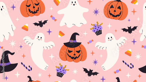 Cute Halloween seamless pattern. Funny ghosts, hats, fun pumpkins, bats, candy and stars. Pink background. Kids print. Vector flat illustration.