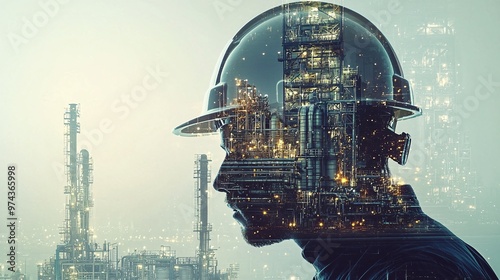 Innovative double exposure concept featuring a hard hat superimposed over a clock, creating a unique technology background.