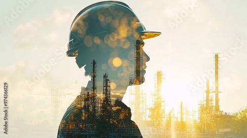 A striking double exposure image featuring a construction worker and an abstract overlay, conveying a sense of industry and innovation.