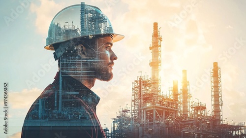 Double exposure image featuring a construction worker superimposed on a technological background, creating a unique visual concept.