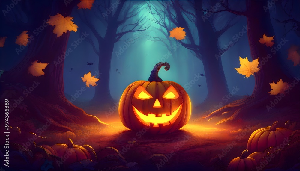 Glowing Jack-o'-Lantern in a Foggy Forest Glowing Jack-o'-Lantern in a Foggy Forest